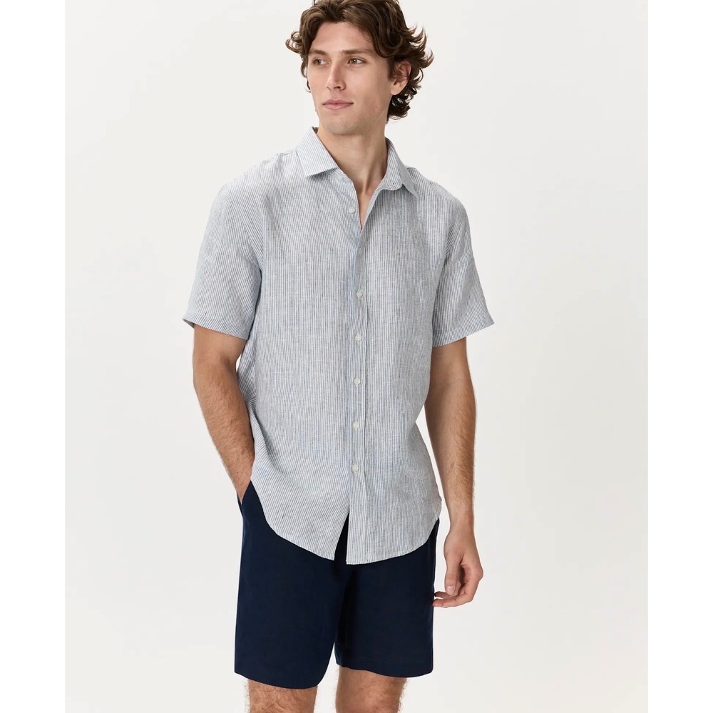 Quince Men's 100% European Linen Relaxed Short Sleeve Shirt Blue Pinstripe L NWT